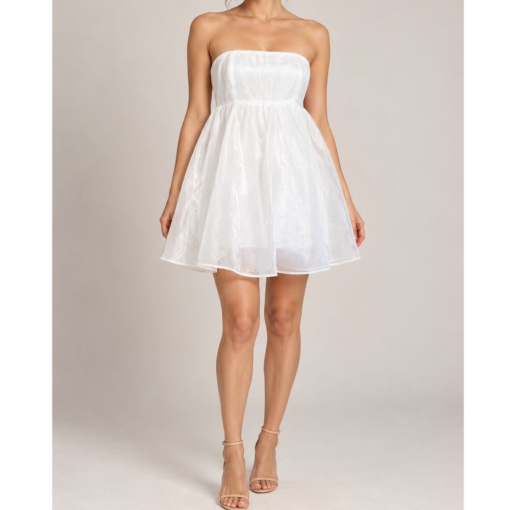 White Strapless Mini Dress Cotton Candy LA Size M Shimmery Babydoll Bridal Party